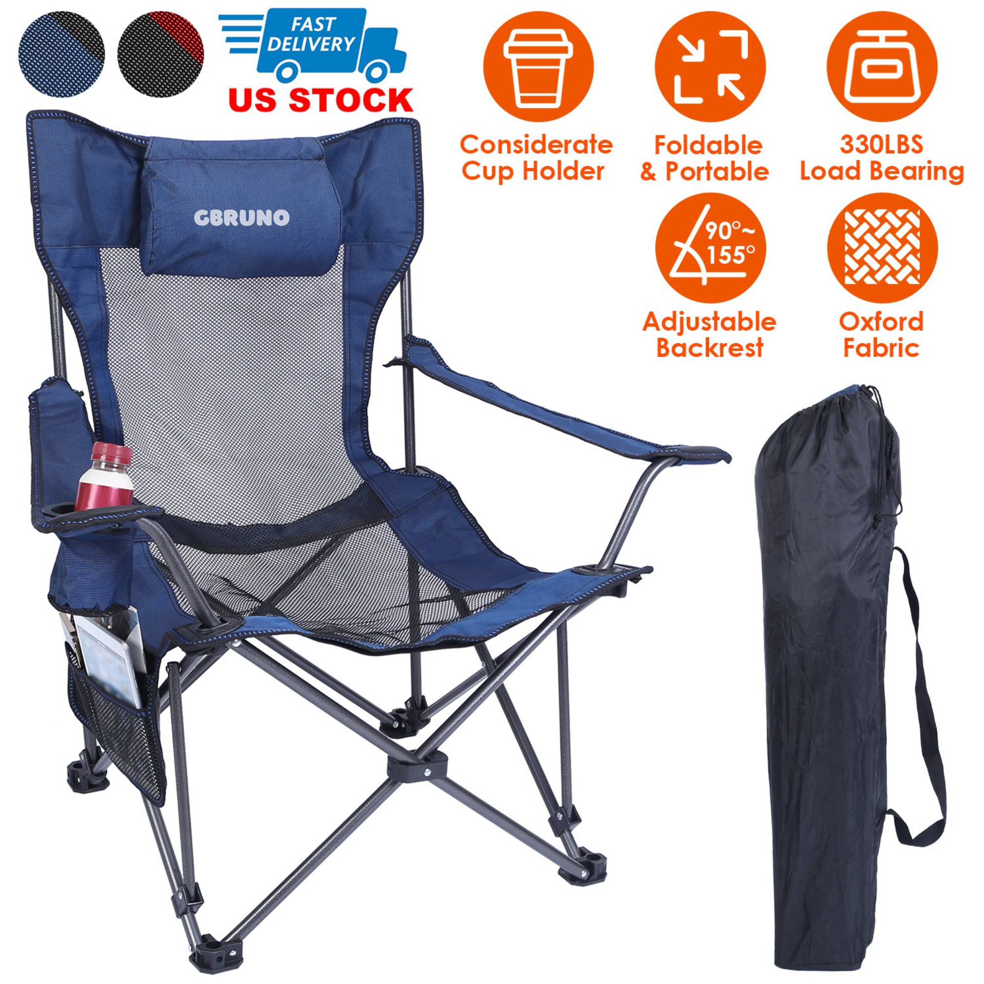 Foldable Camping Chair with Reclining Backrest & Carry Bag