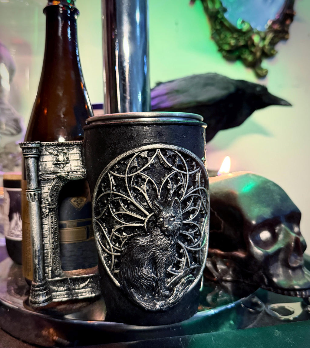 Cat and Gothic Cathedral Window Mug, Hand Sculpted Resin Gothic Art Mug with Stainless Steel Liner| Cat Mug, Halloween Gift and Gothic Decor