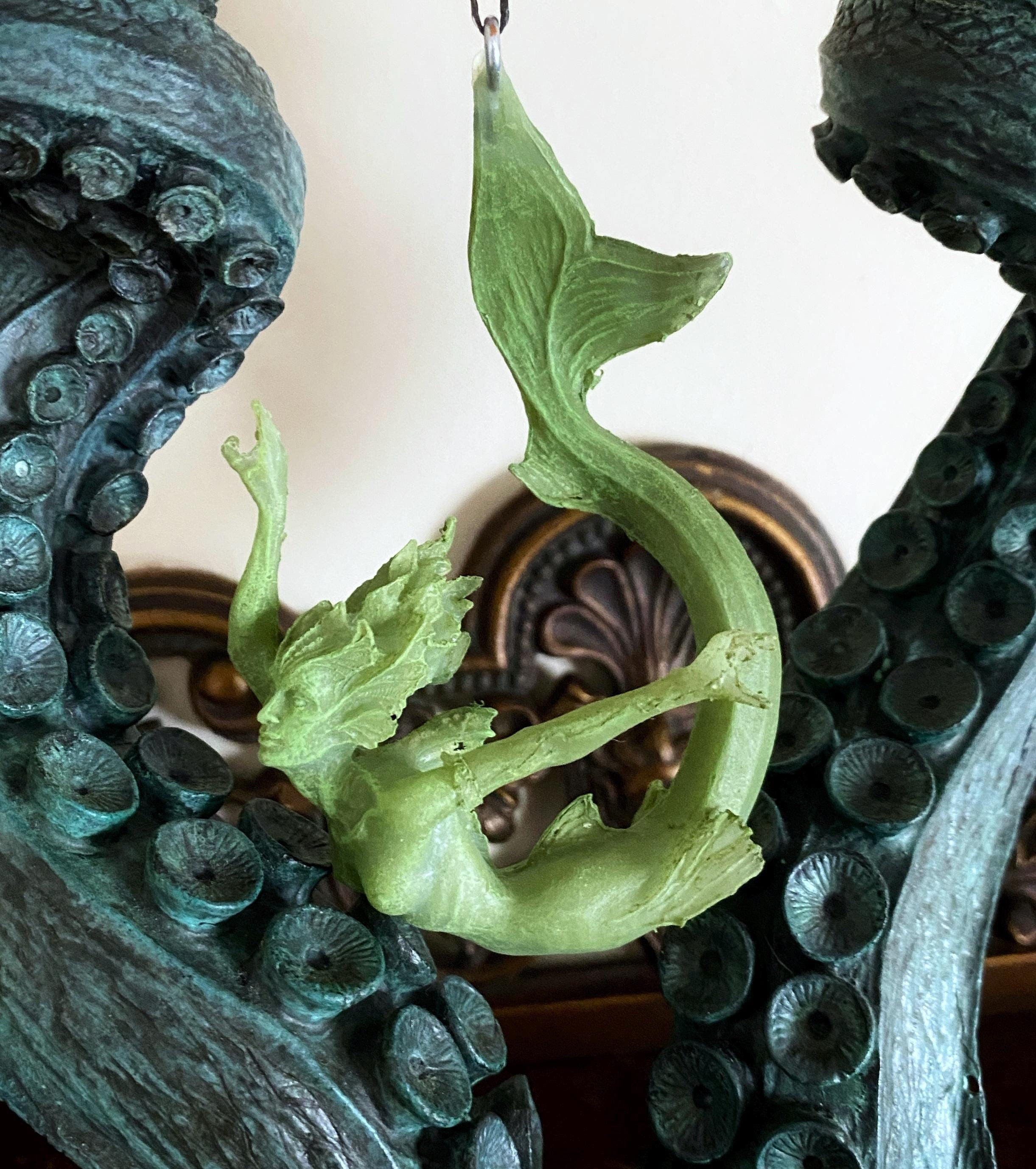 Mermaid Ornament, Hand Painted Resin Sculpture, Jade Finish| Mythical Creature Figurine|Unique Legendary Mermaid Fantasy Art Holiday Decor