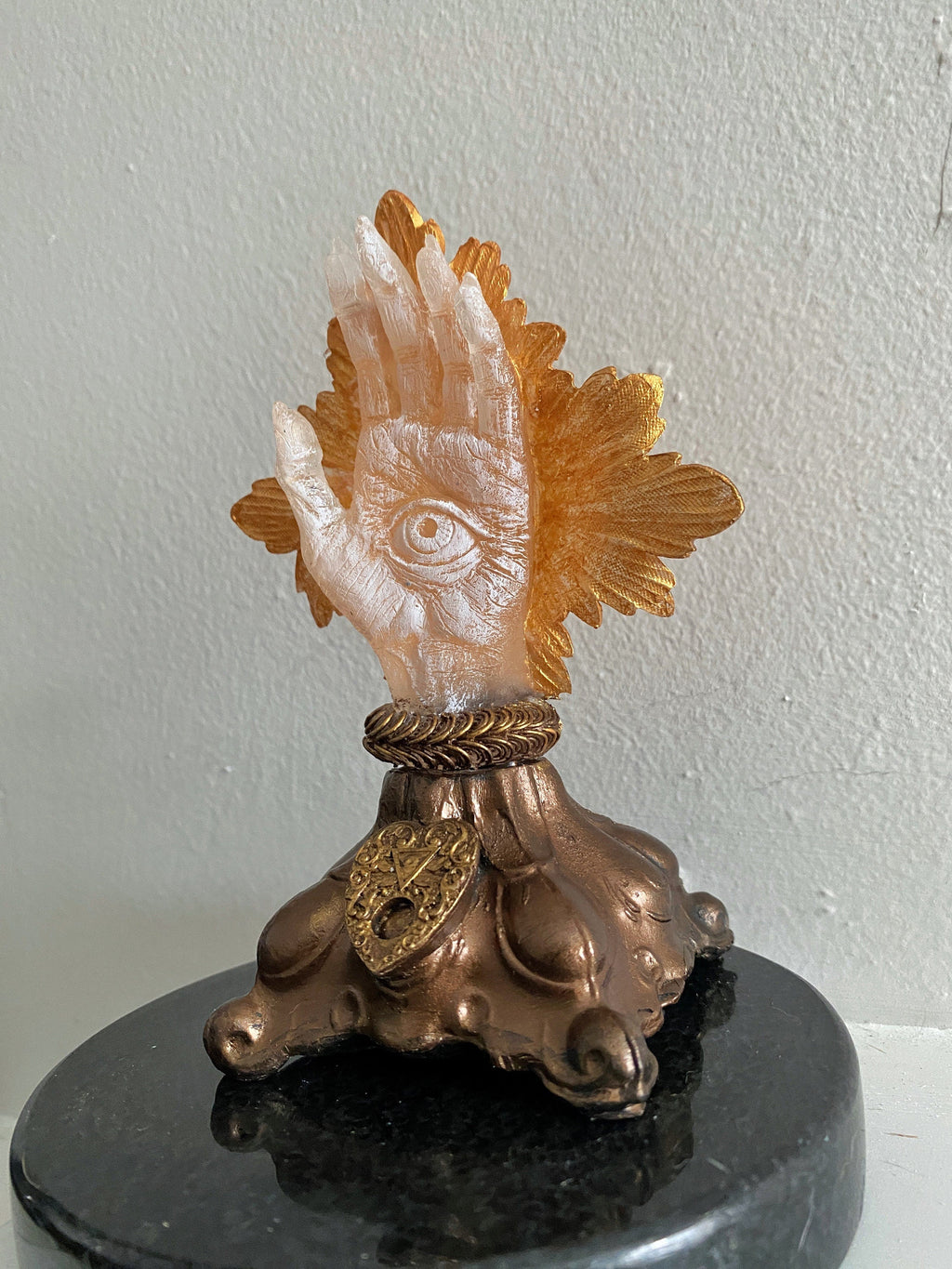Hand of Protection Relic, Hamsa with LED Tea Light, Hand Painted Resin Sculpture | Medieval Gothic Decor | Occult Hand for Gothic Home Decor