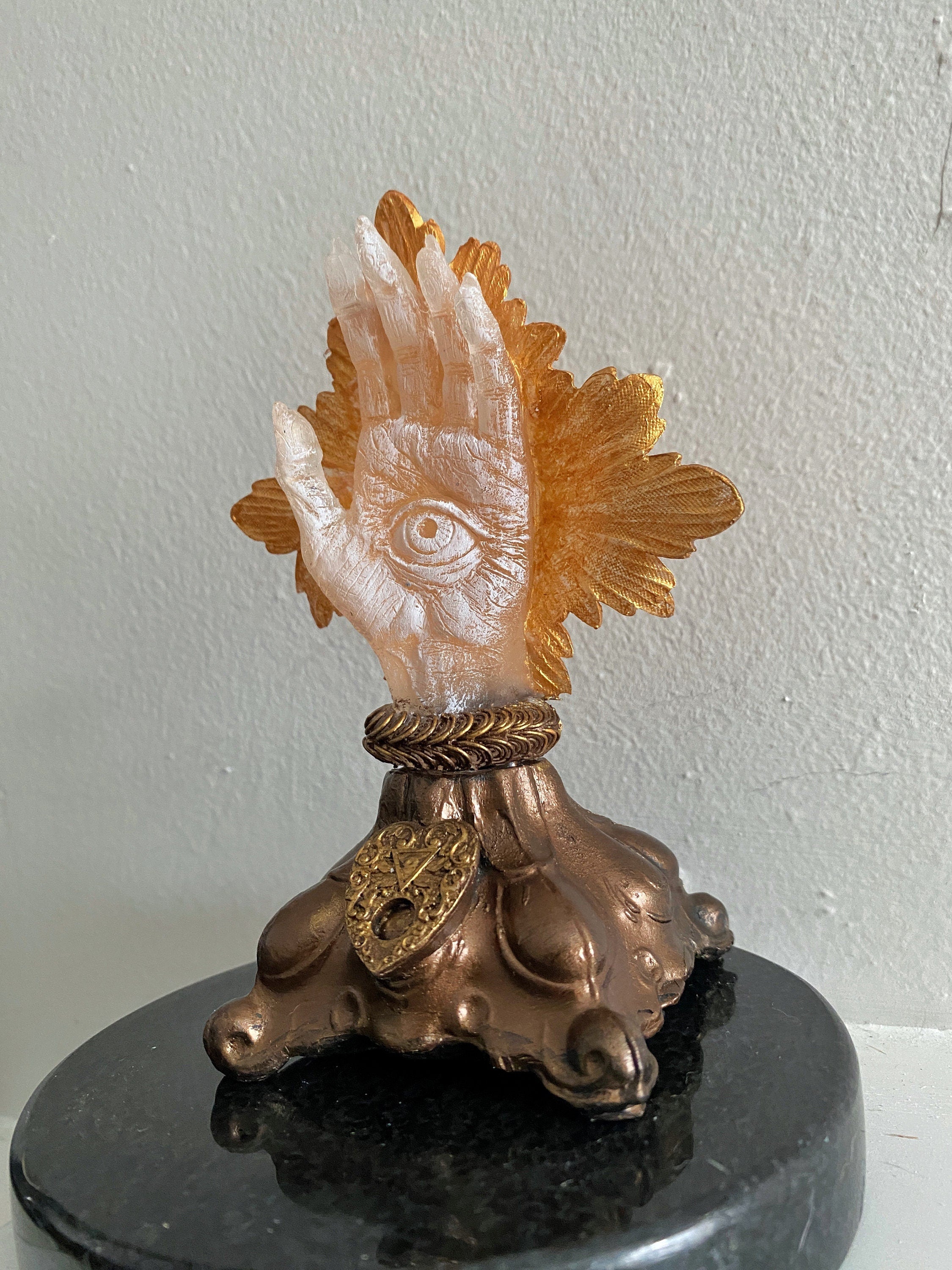 Hand of Protection Relic, Hamsa with LED Tea Light, Hand Painted Resin Sculpture | Medieval Gothic Decor | Occult Hand for Gothic Home Decor