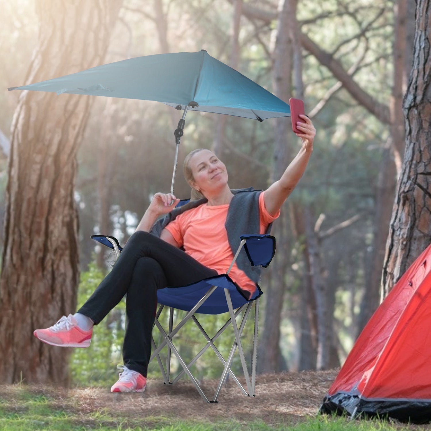 Foldable Beach Chair with Detachable Umbrella Armrest Adjustable Canopy Stool with Cup Holder Carry Bag for Camping Poolside Travel Picnic Lawn Chair