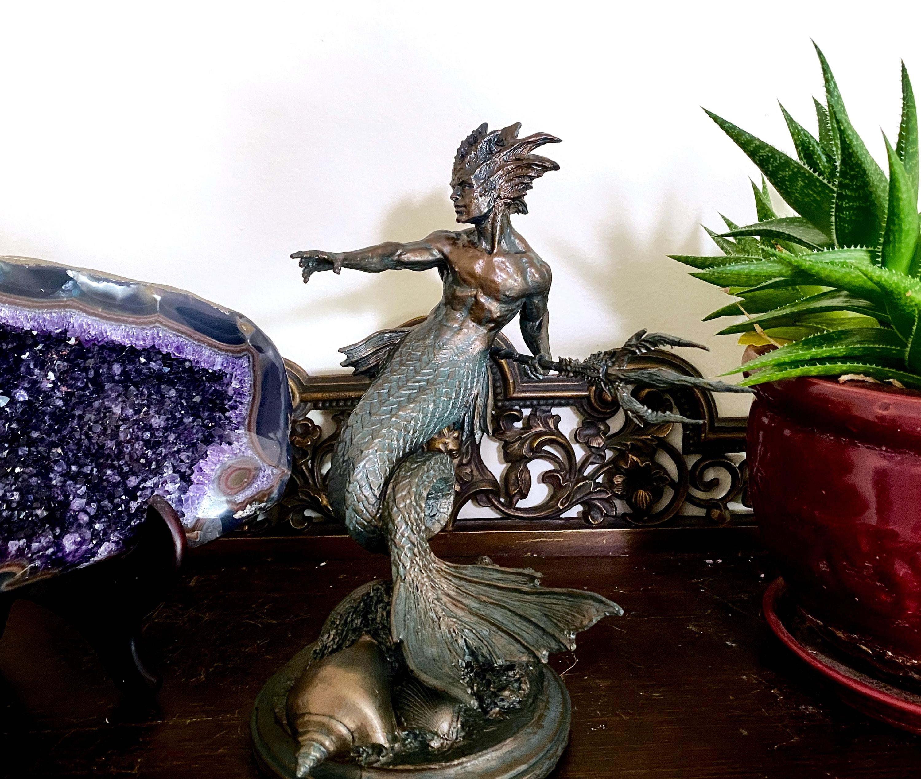 Merman/ Triton Statue, Hand Painted Resin Sculpture | Mythical Creature Figurine | Unique Legendary Male Mermaid Figurine. Fantasy Art Decor