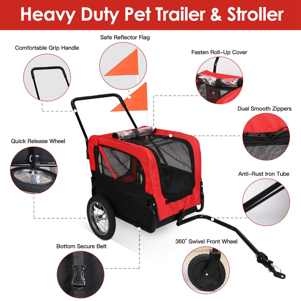 2-in-1 Pet Bike Trailer And Stroller with Canopy Bicycle Carrier Bicycle Cargo Wagon Trailer 44LBS Weight Capacity For Small Medium Dogs Cats