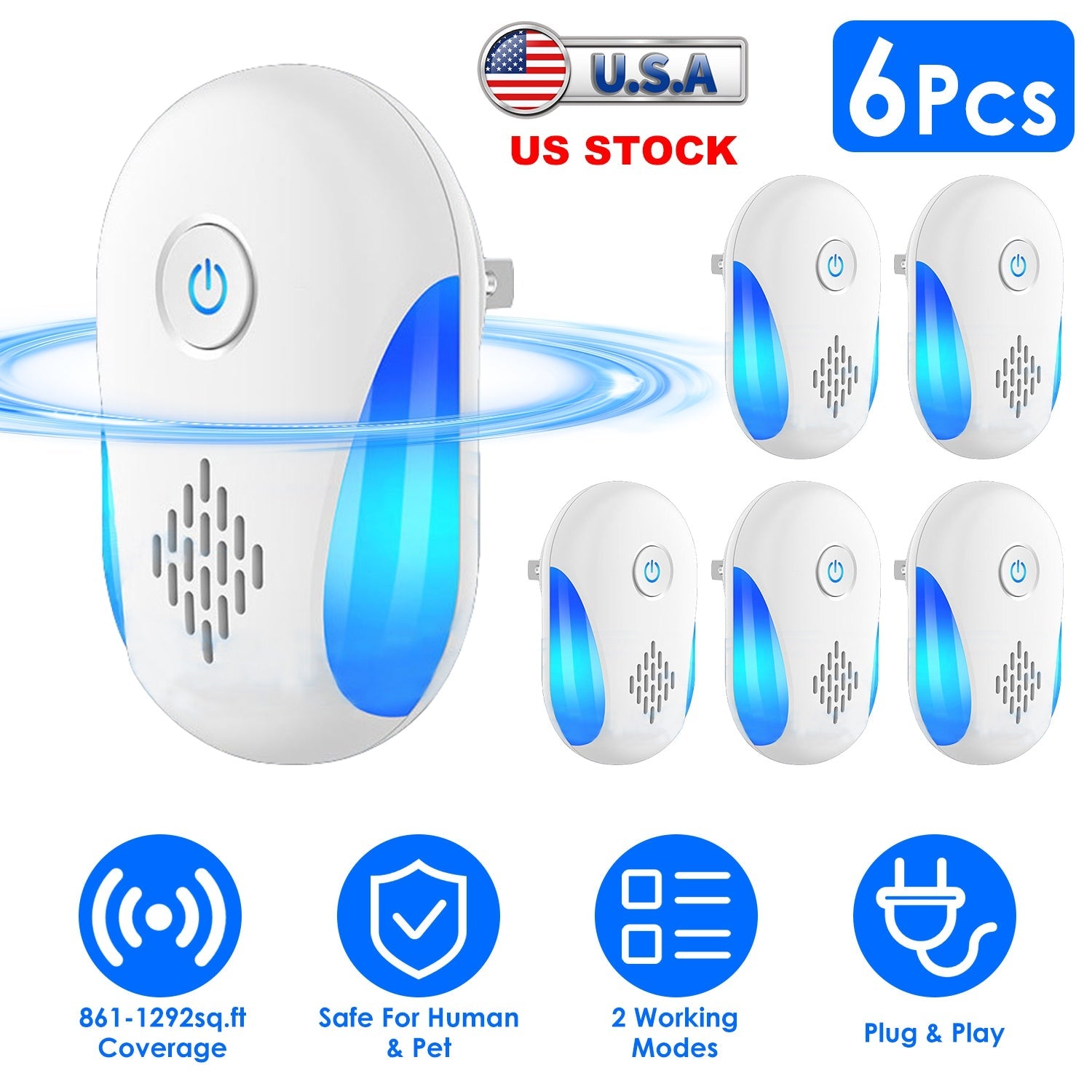 6 Packs Ultrasonic Pest Repellers Electric Plug-In Indoor Pest Control Mouse Repellent Chaser Deterrent Rodent Chaser with 2 Modes for Home Kitchen Of