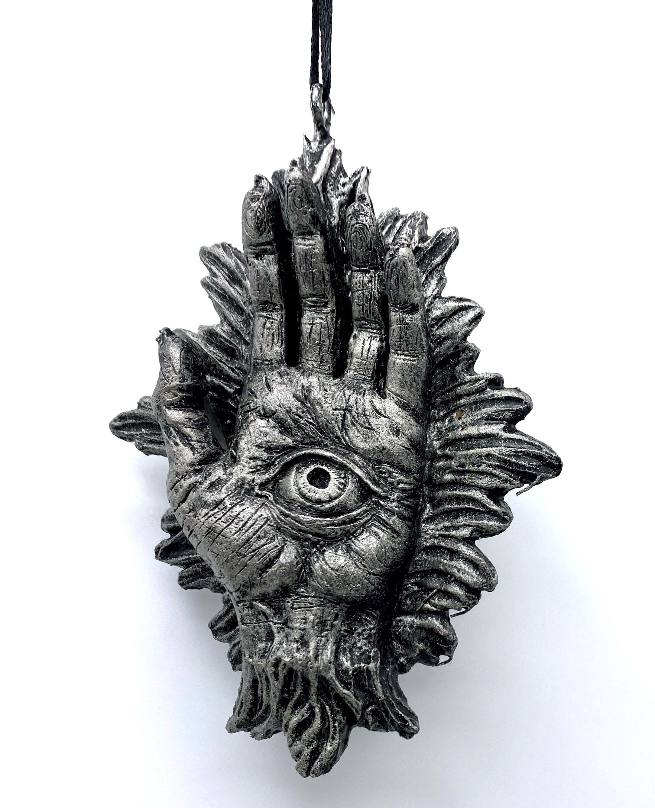 Hand of Protection Relic, Hamsa Ornament, Hand Painted Resin Sculpture |Occult Folklore Figurine | Evil Eye Pagan Ornament for Holiday Decor