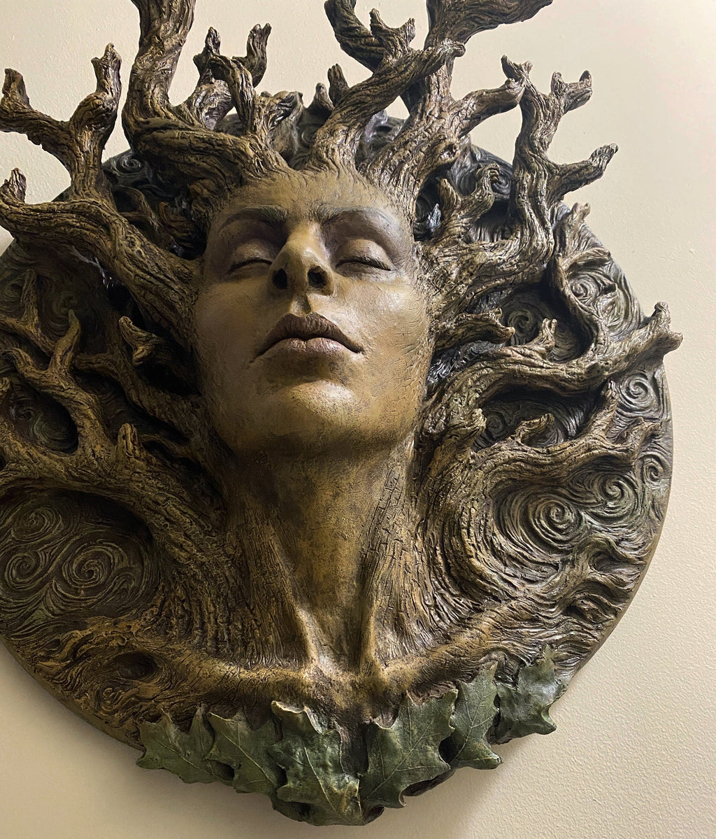 Dryad Bust, Life Sized Wall Plaque Resin Sculpture | Mythic Forest Creature Wall Art | Woodland Goddess Wall Plaque for Nature Lovers