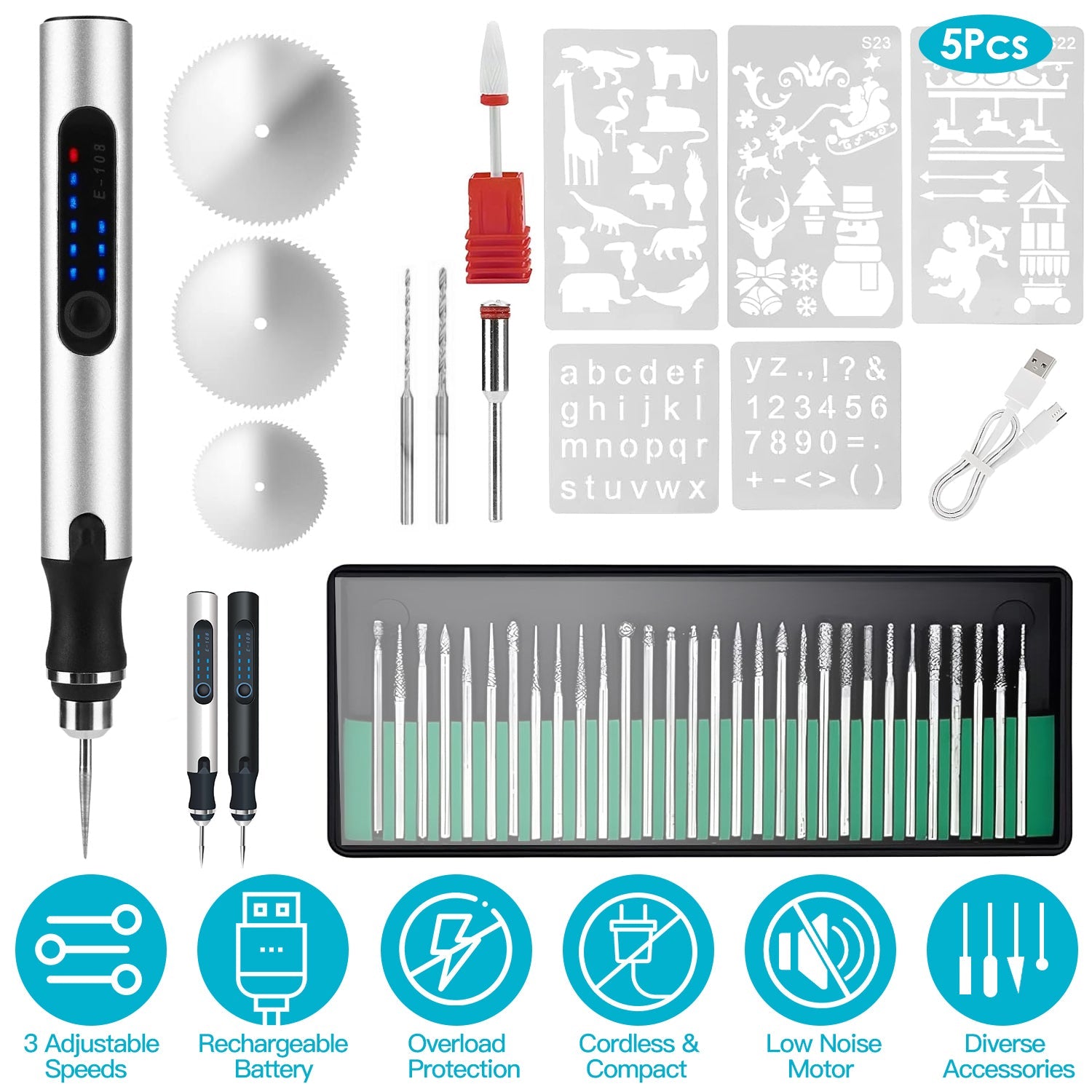 Electric Engraving Pen with 33Pcs Burr Bits 5Pcs Stencils 3 Gears Speed Rechargeable Cordless Professional Engraver Etching Machine For Jewelry Glass