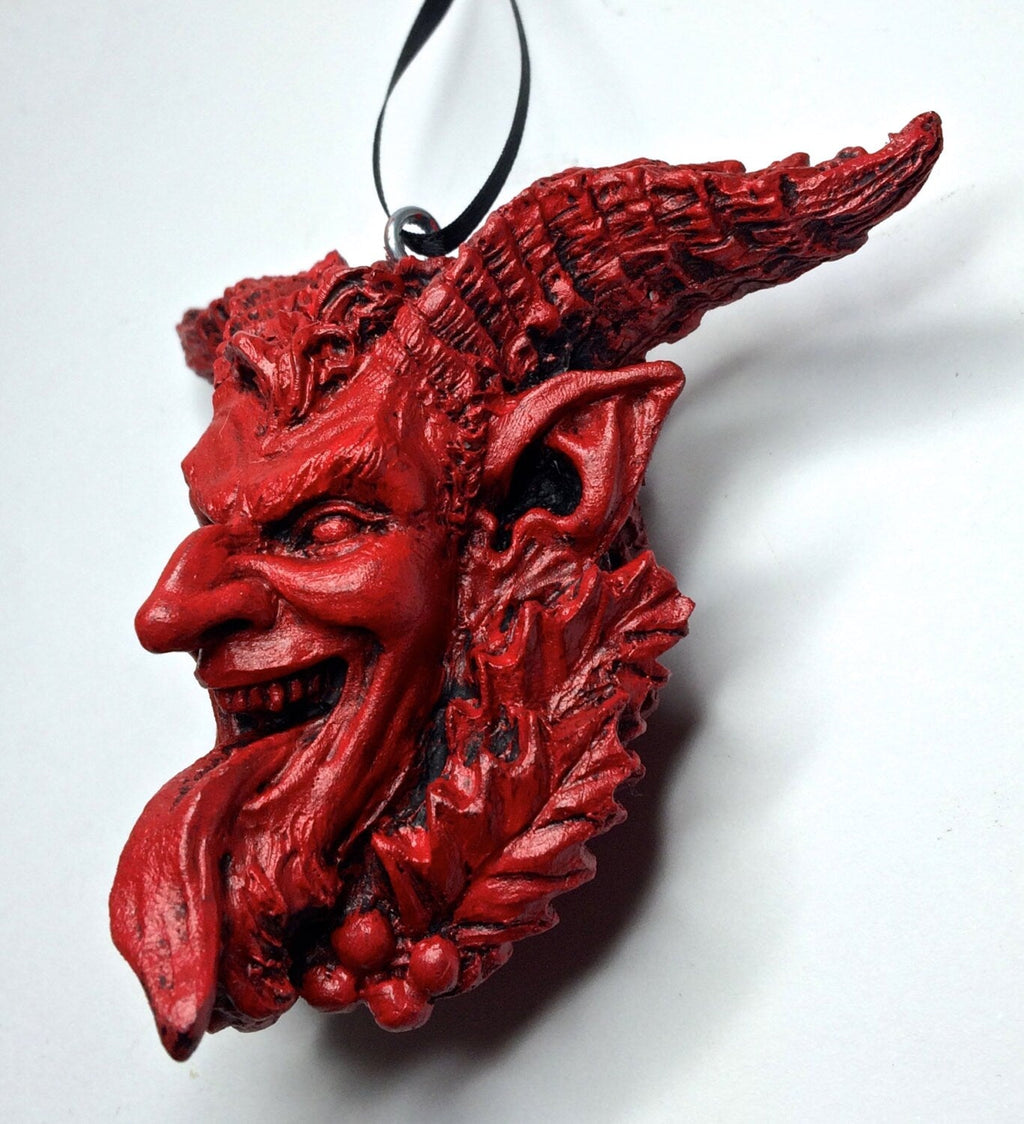 Krampus Head Ornament, Hand Painted Resin Sculpture | Mythical Creature Figurine | Unique Dark Christmas Demon for Gothic Holiday Decor