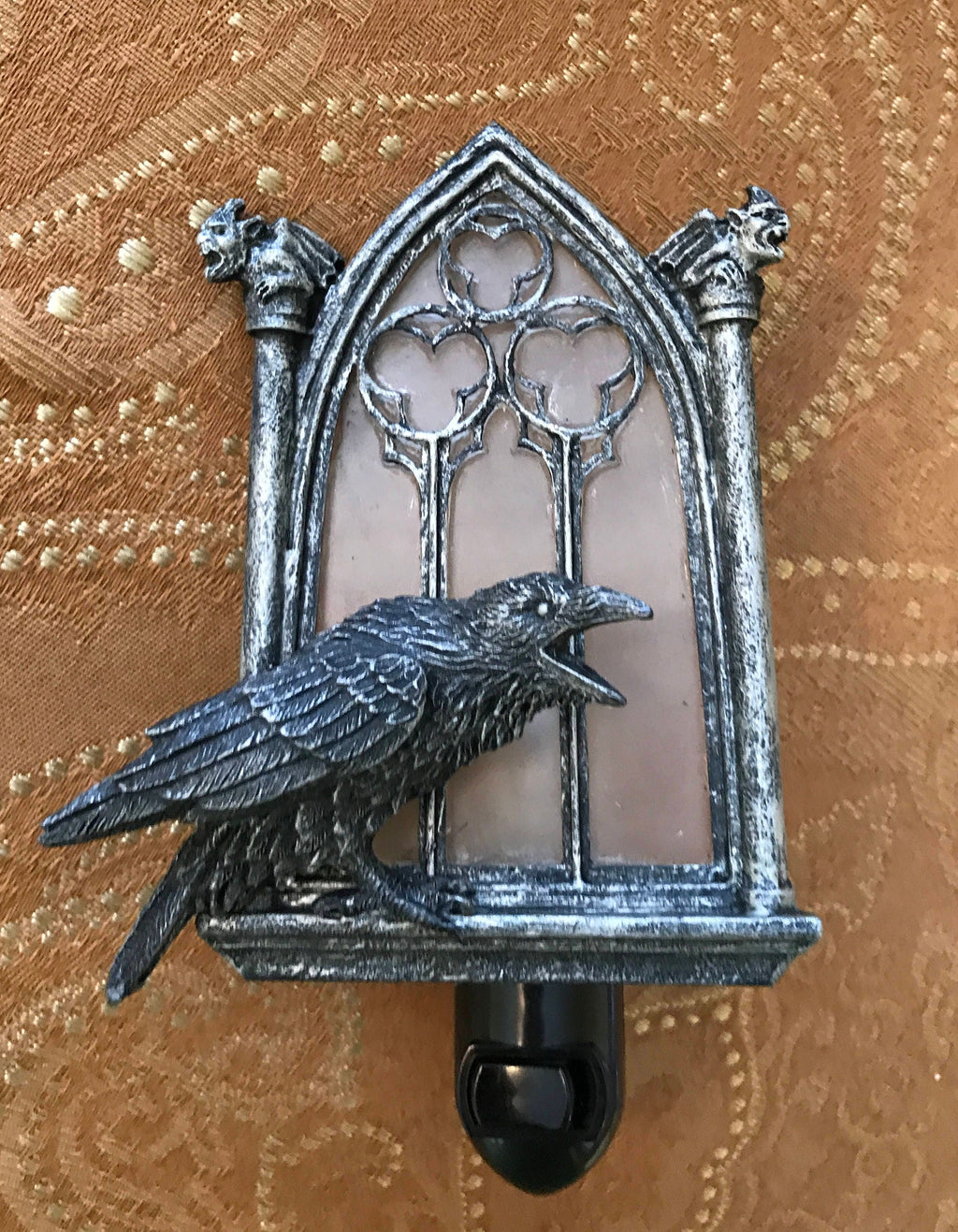 Raven and Window Nightlight, Hand Painted Resin Sculpture | Medieval Gothic Night Light | Poe’s Raven Lighting for Gothic Fantasy Home Decor