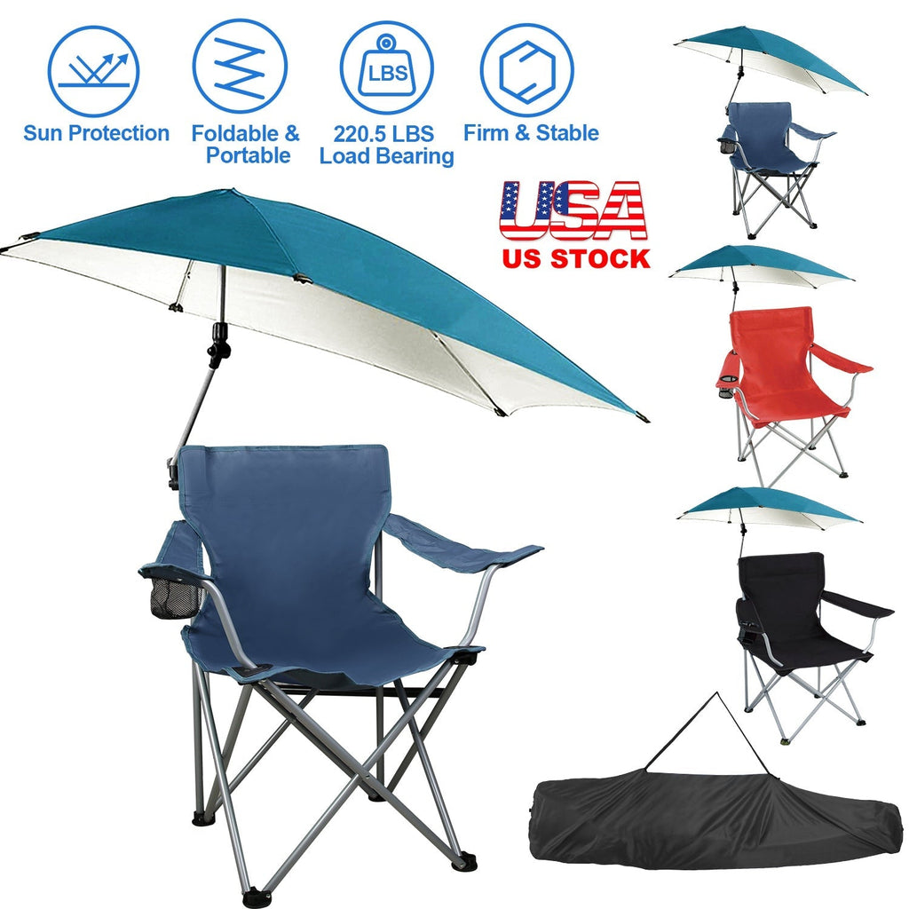 Foldable Beach Chair with Detachable Umbrella Armrest Adjustable Canopy Stool with Cup Holder Carry Bag for Camping Poolside Travel Picnic Lawn Chair
