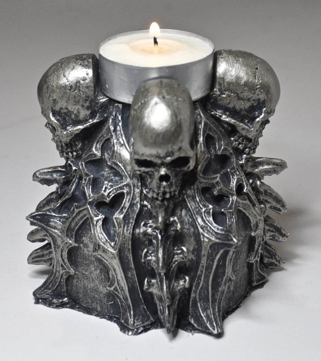 Requiem Gothic Tea Light Holder, Hand Sculpted Resin | Spooky Gothic Skull and Bones Candle Holder for Halloween Gift and Gothic Decor