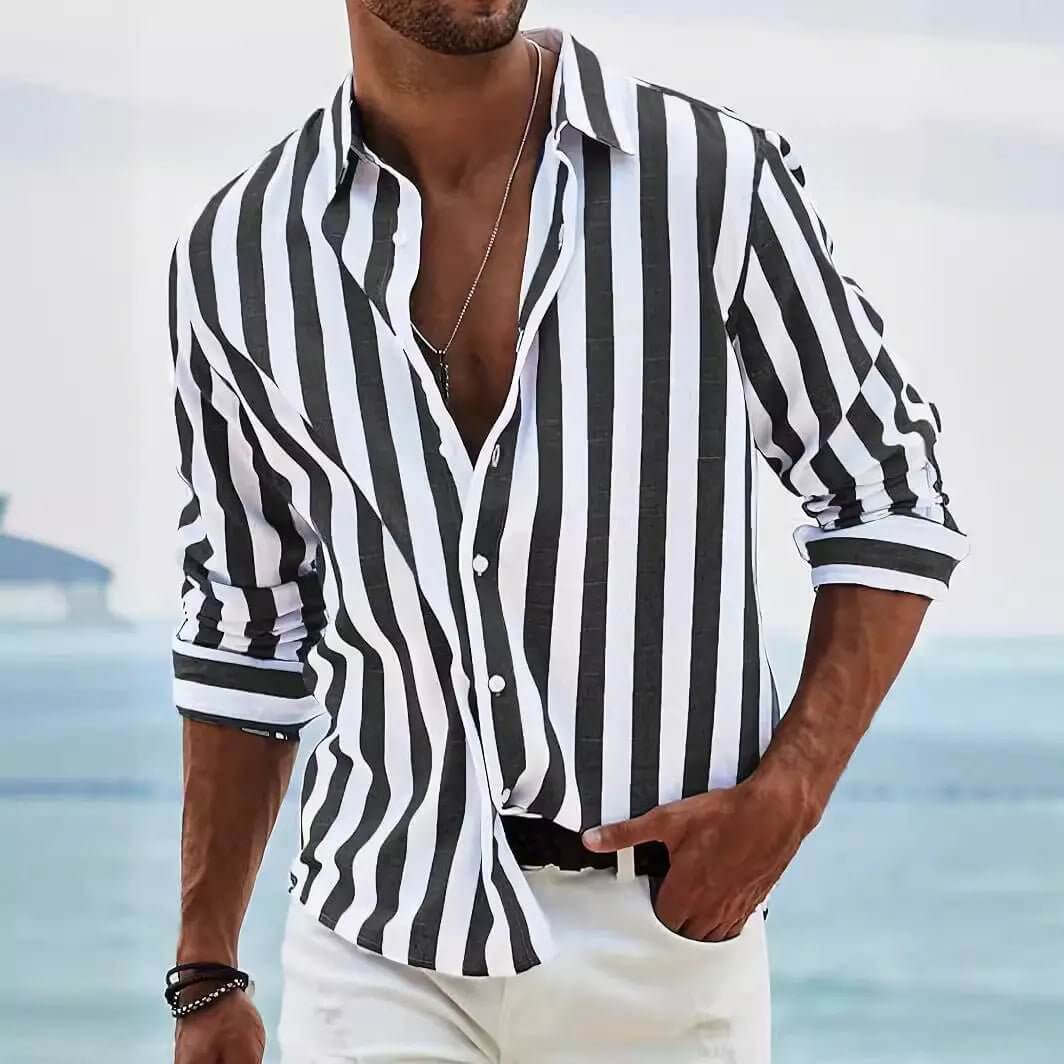 Striped Print Shirt Casual Loose Long-sleeved Shirt Men's Clothing