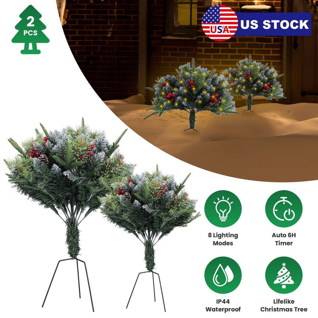 2Pcs Christmas Tree Urn Filler With Light Artificial Lighted Xmas Trees Light with Cones Berries Holiday Planter Filler LED Pathway Pine Tree IP44 Wat