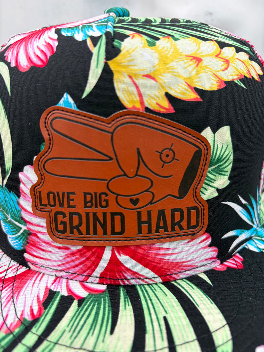 PL Series 5 Panel Snapback Hat- FLORAL- “Love Big, Grind Hard” Patch
