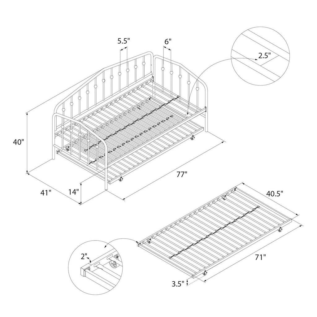 Twin size Modern Industrial Black Metal Daybed with Trundle Bed Frame