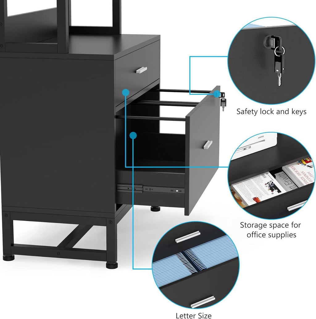 Home Office Lockable 2 Drawer Filing Cabinet Bookshelf in Black Wood Finish