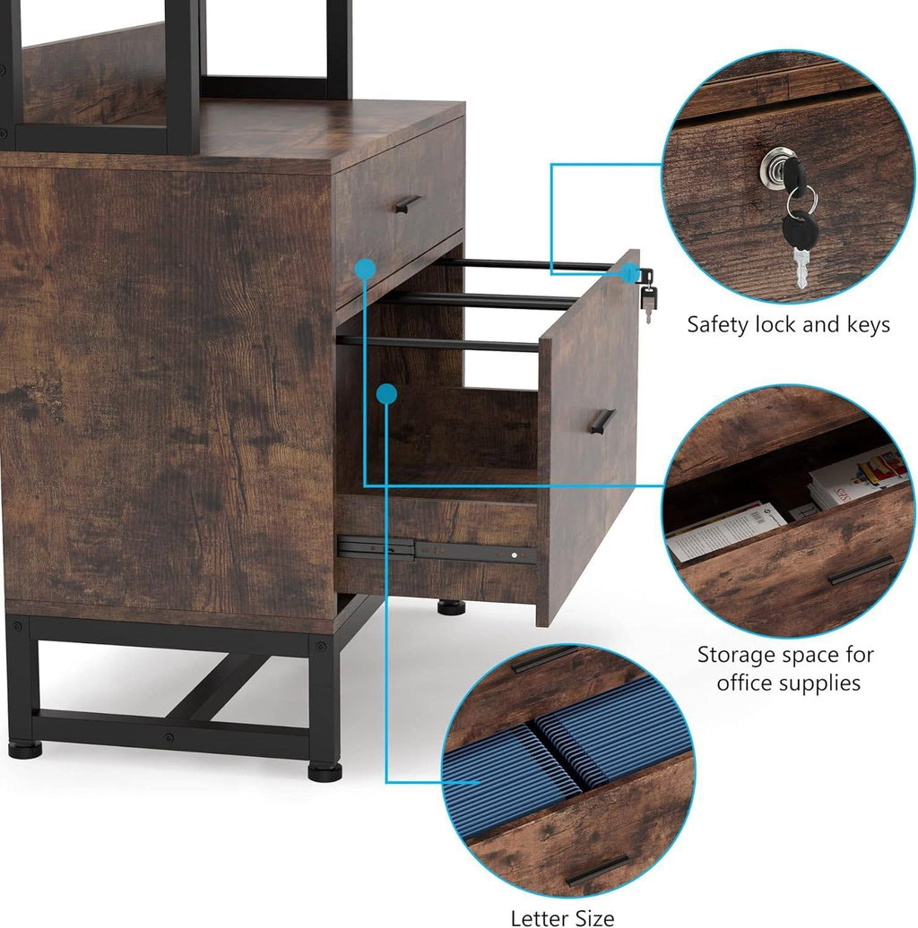 Home Office Lockable 2 Drawer Filing Cabinet Bookshelf in Brown Wood Finish