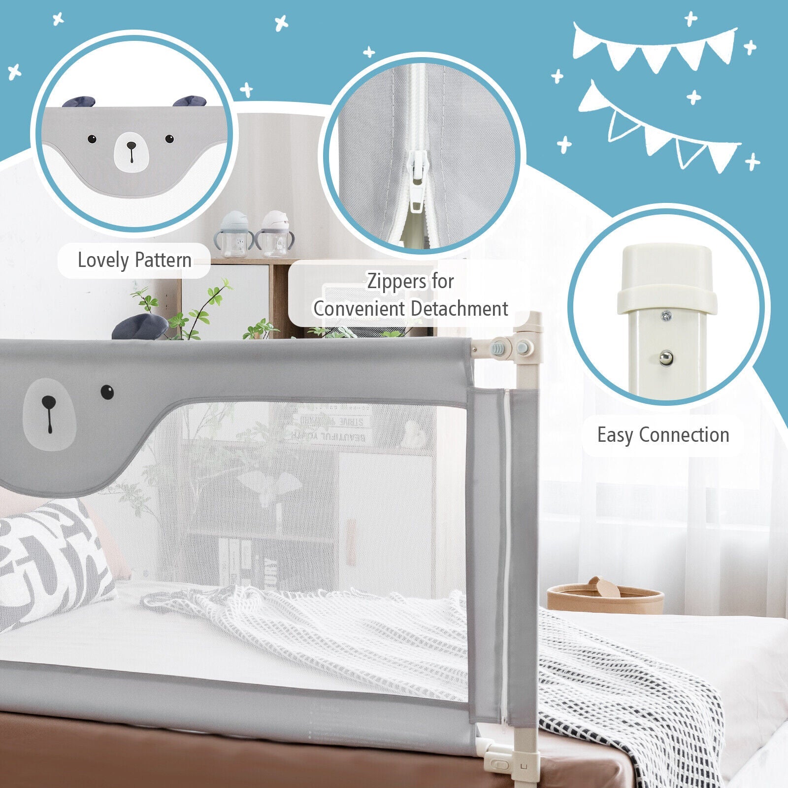 Vertical Lifting Baby Bedrail Guard with Double Safety Child Lock
