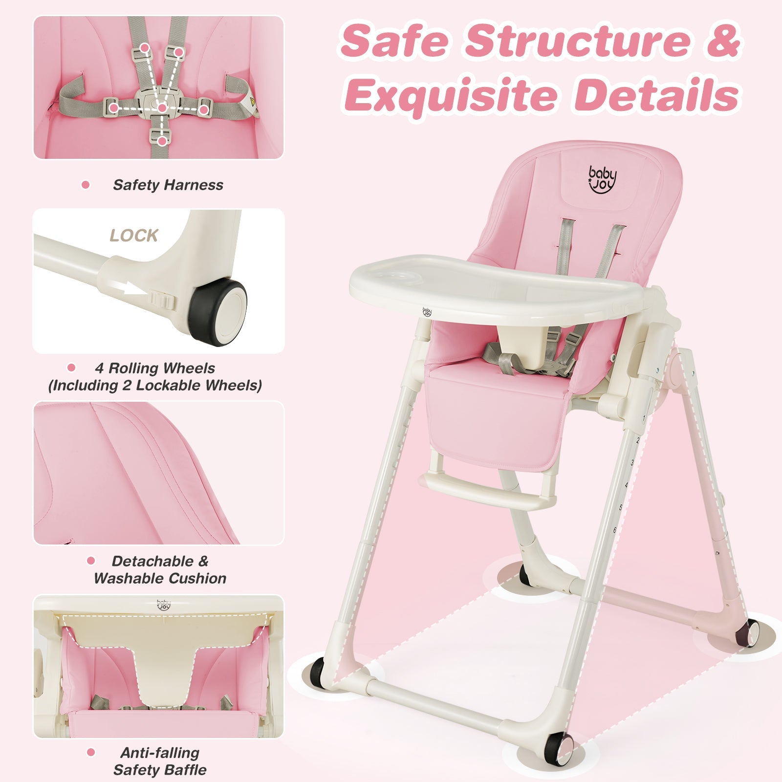 4-in-1 Baby High Chair with 6 Adjustable Heights-Pink