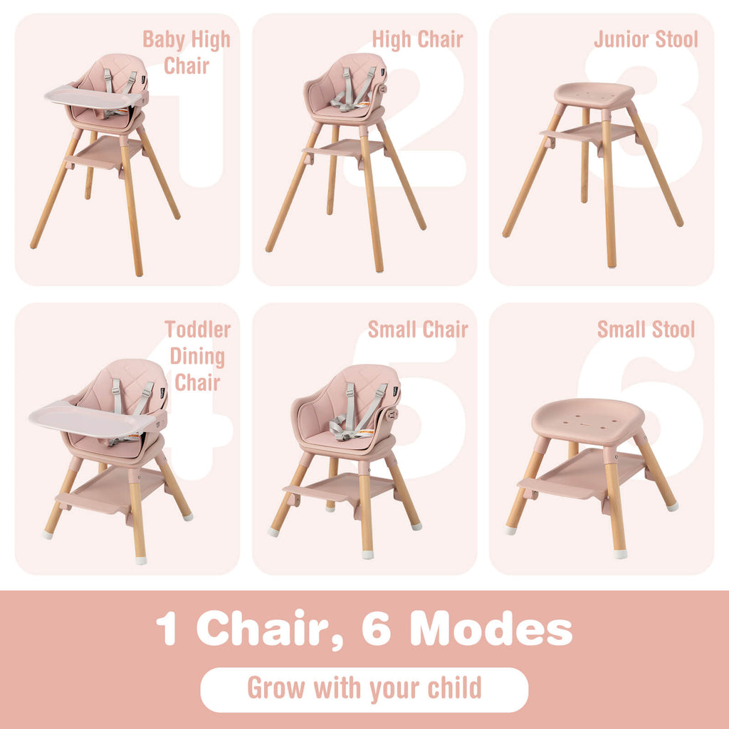 6-in-1 Baby High Chair with Removable Dishwasher and Safe Tray-Pink