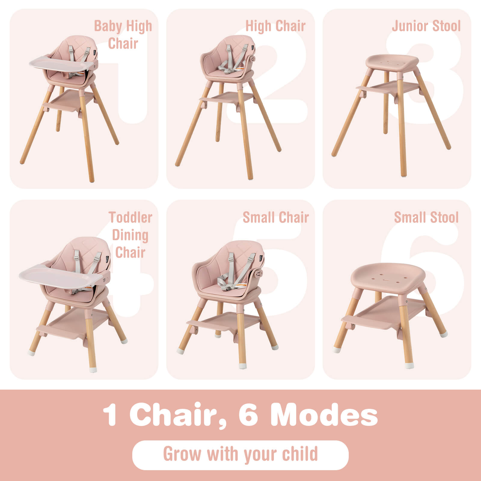 6-in-1 Baby High Chair with Removable Dishwasher and Safe Tray-Pink