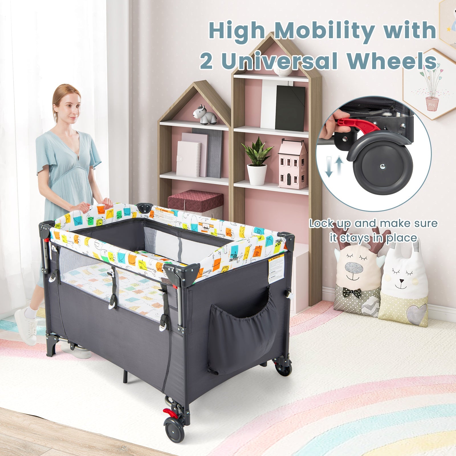 5-in-1 Baby Nursery Center Foldable Toddler Bedside Crib with Music Box-Gray