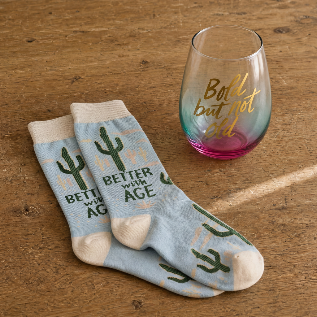 Bold But Not Old Gift Set | Wine Glass & Better with Age Socks in Gift Bag | Ready to Gift!