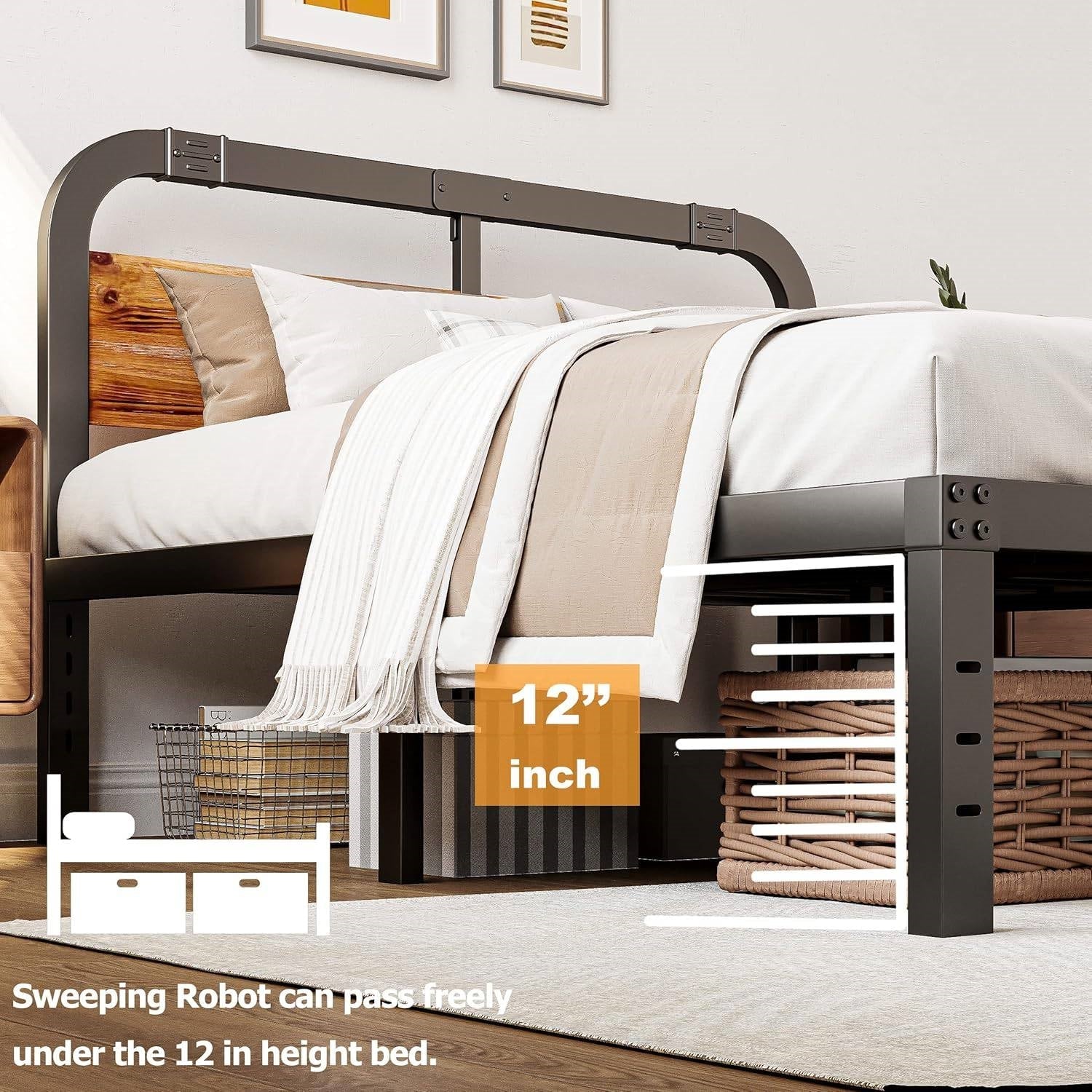 California King Heavy Duty Black Metal Bed Frame with Wood Panel Headboard