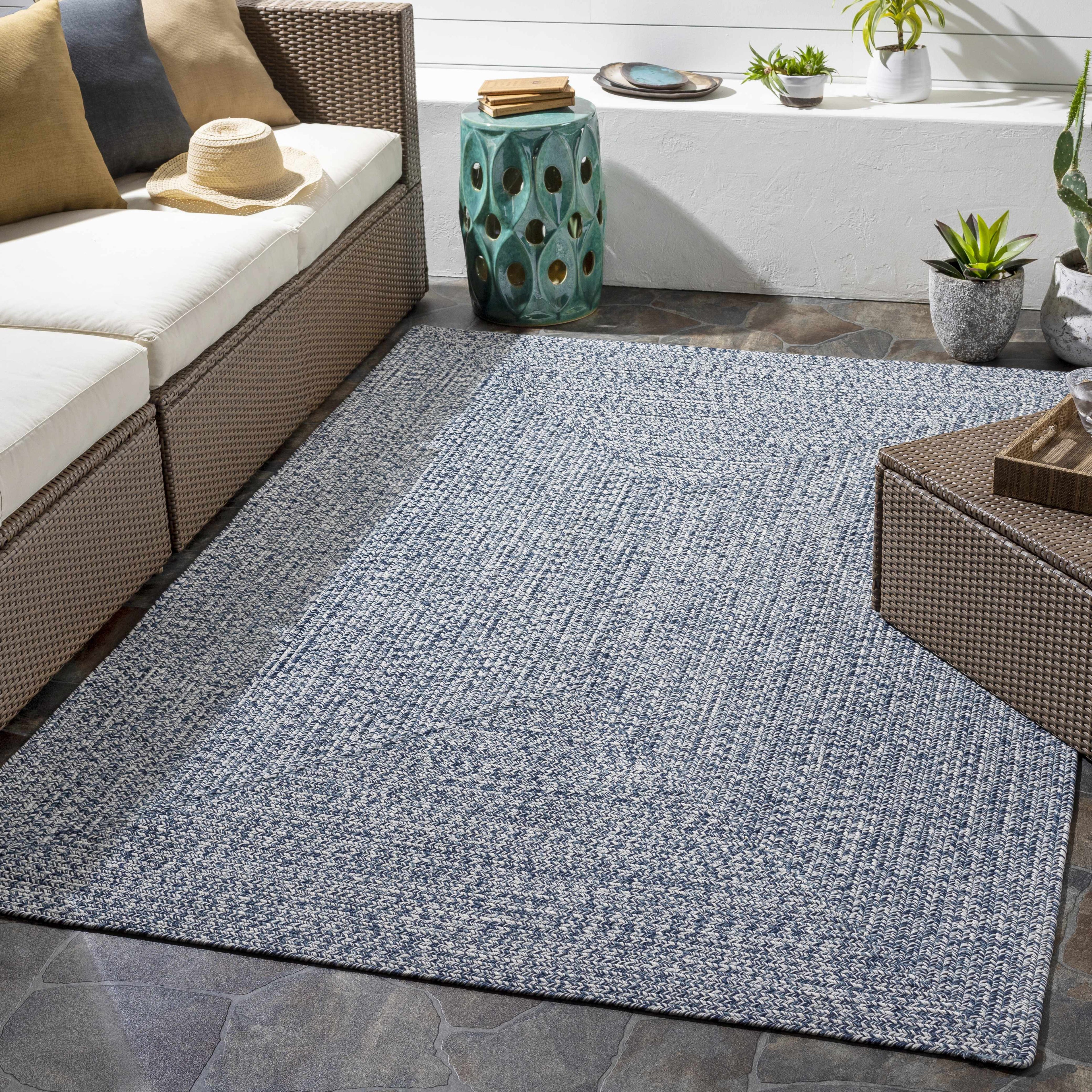Blue Braided Faux Jute Outdoor Rug