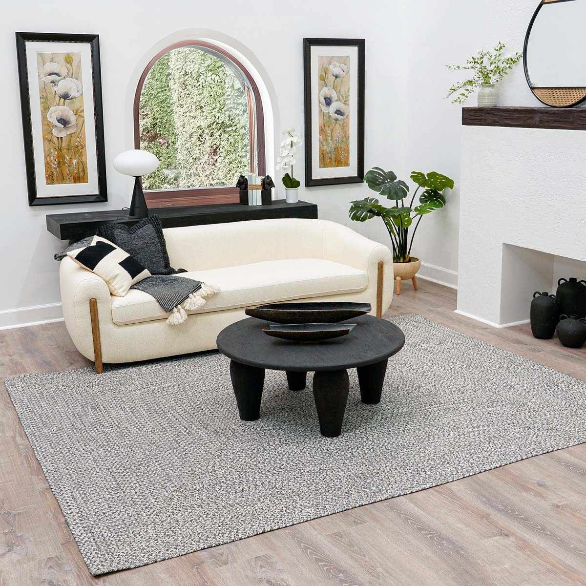 Cream Charcoal Braided Faux Jute Outdoor Rug