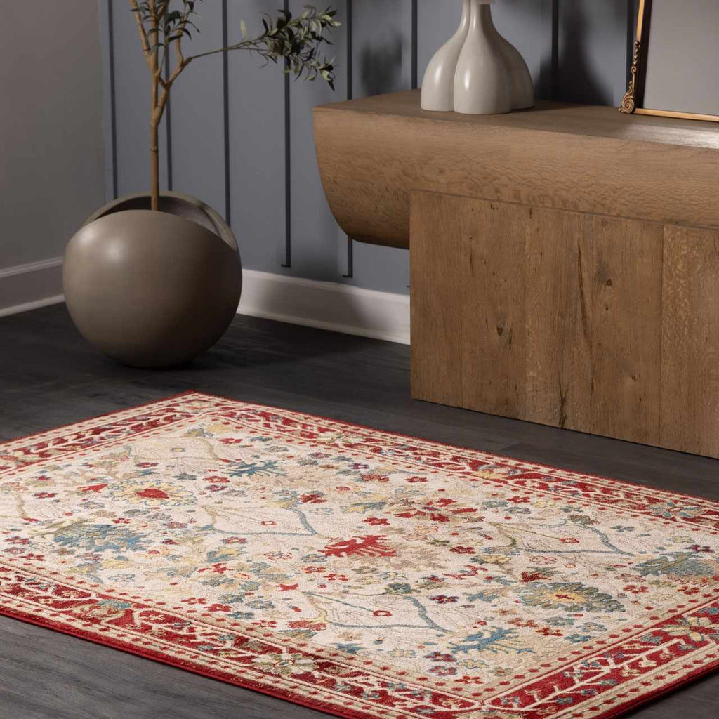 Neola White/Red Damask Area Rug