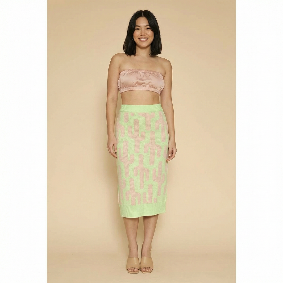 Cactus Knit Midi Skirt | Green Intarsia Cactus Sweater Skirt | Boho Desert Knit Skirt