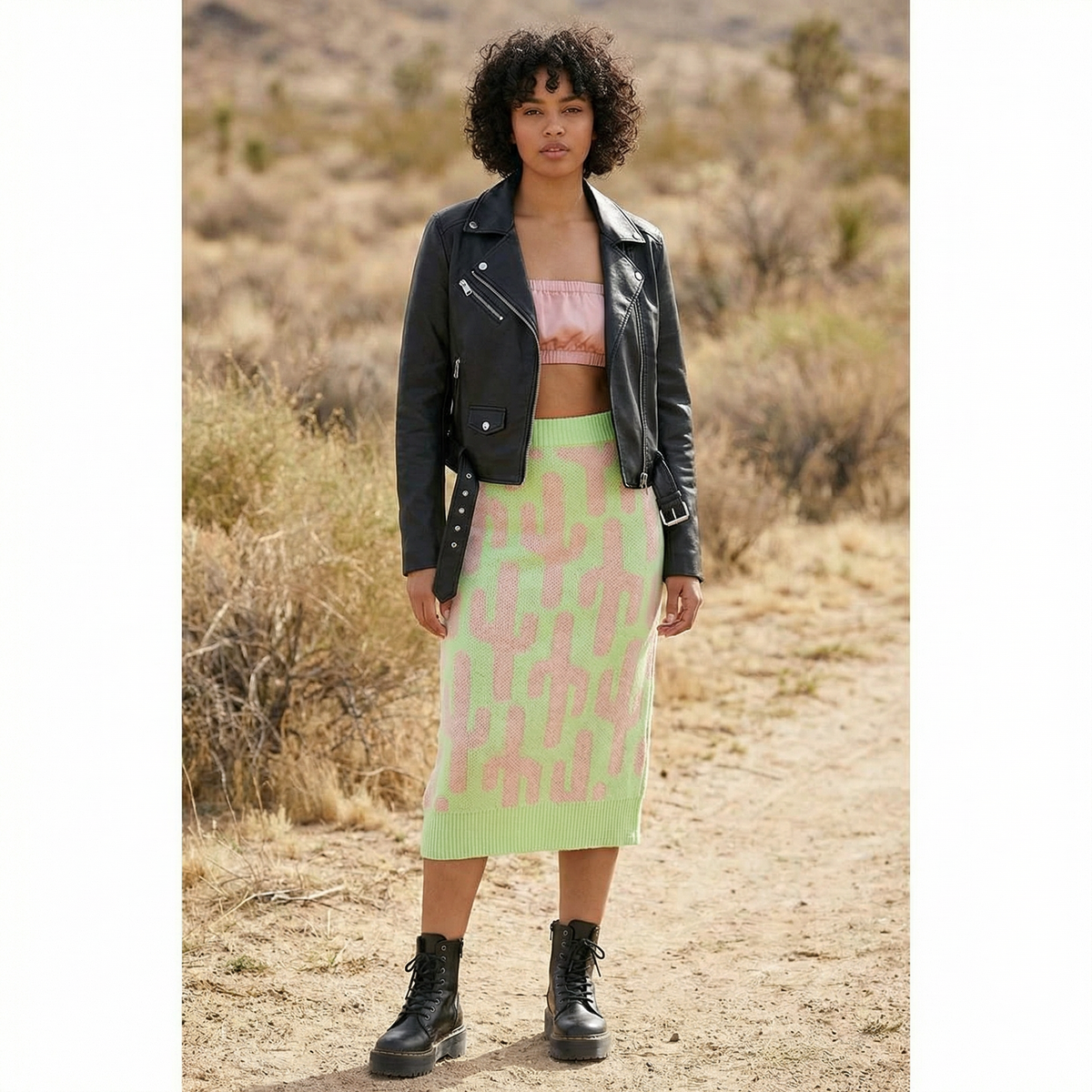 Cactus Knit Midi Skirt | Green Intarsia Cactus Sweater Skirt | Boho Desert Knit Skirt