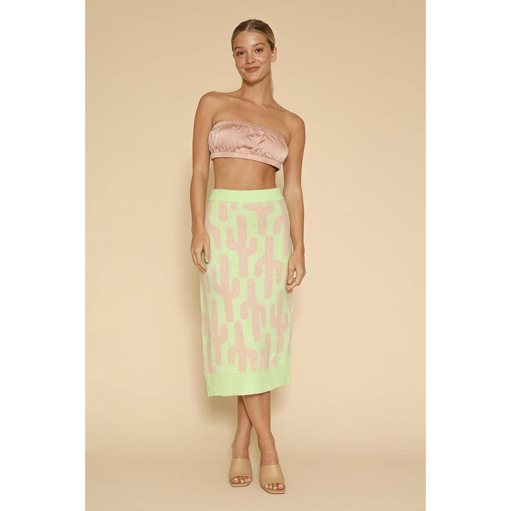 Cactus Knit Midi Skirt | Green Intarsia Cactus Sweater Skirt | Boho Desert Knit Skirt