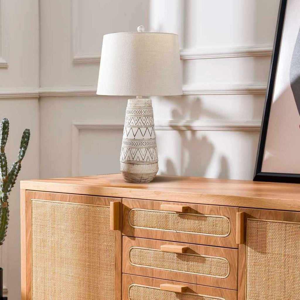 Tan and Cream Resin Lamp with White Linen Table Lamp - Clearance