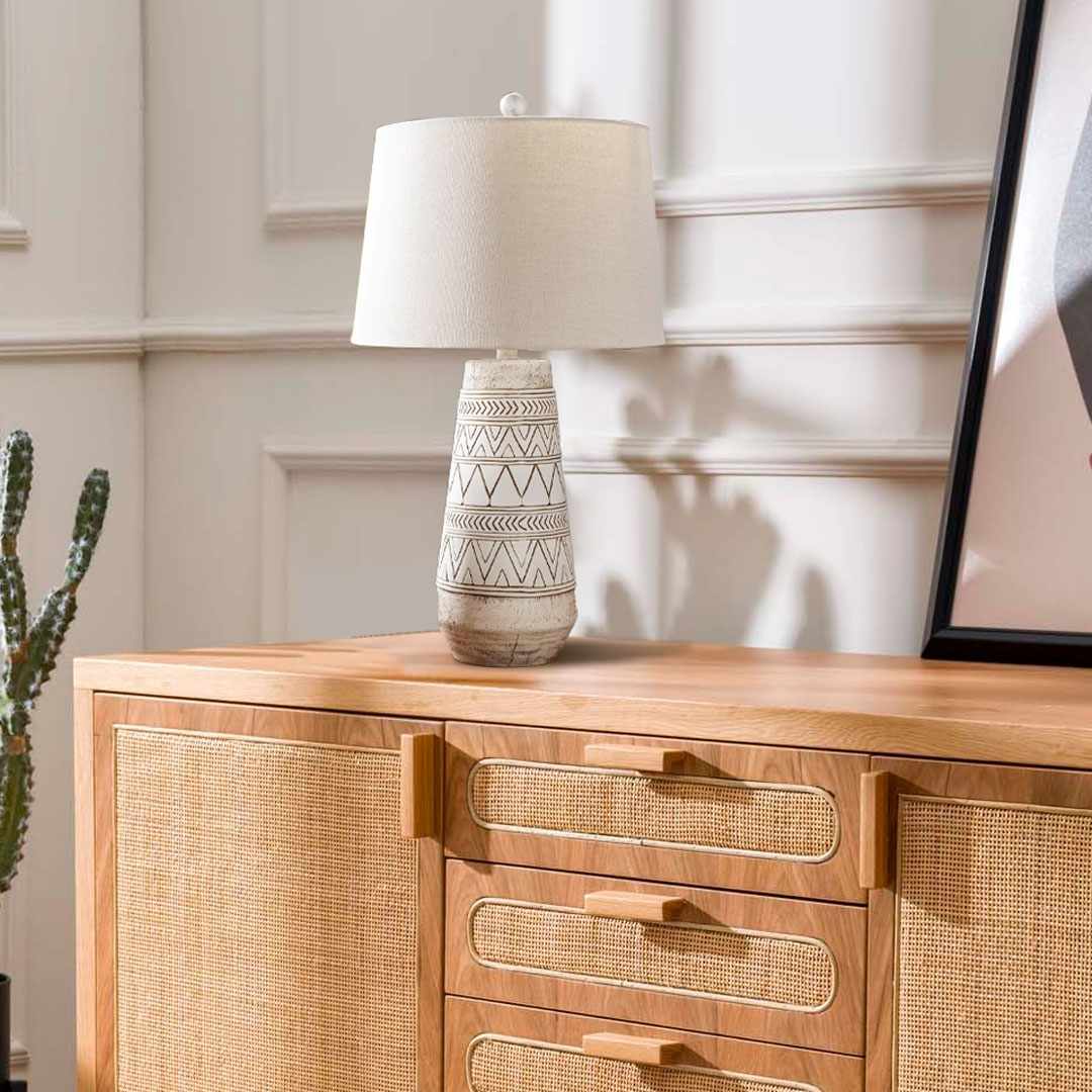 Tan and Cream Resin Lamp with White Linen Table Lamp - Clearance