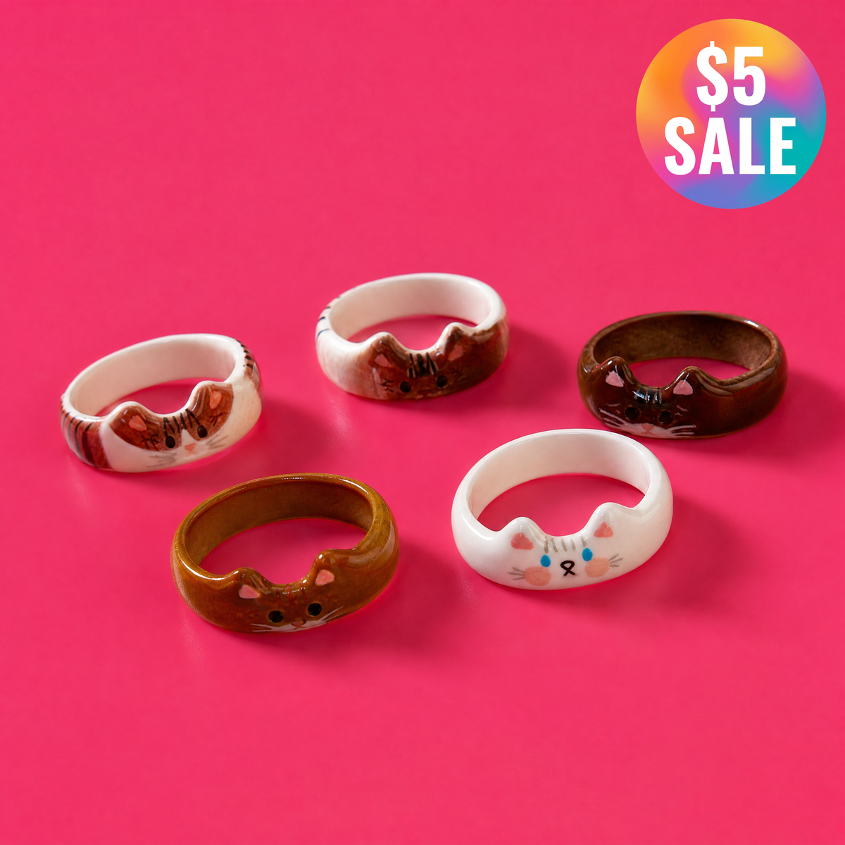 Cat Rings Set of 5 | Sculpted Peeking Cat Face Rings | Brown, White, Black & Calico | Size 7