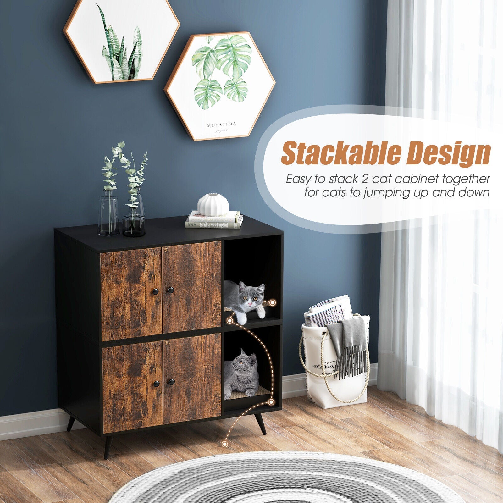Cat Litter Box Enclosure with Double Door Cabinet