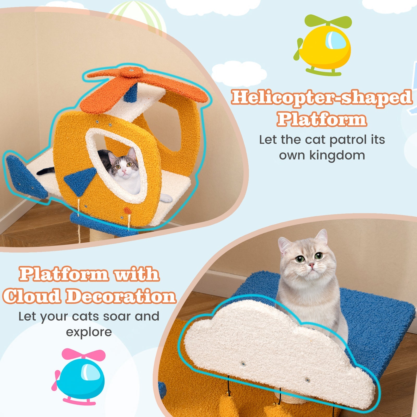 Indoor Small Aviation-themed Cat Tree Cat Tower with Helicopter Top Perch-Yellow