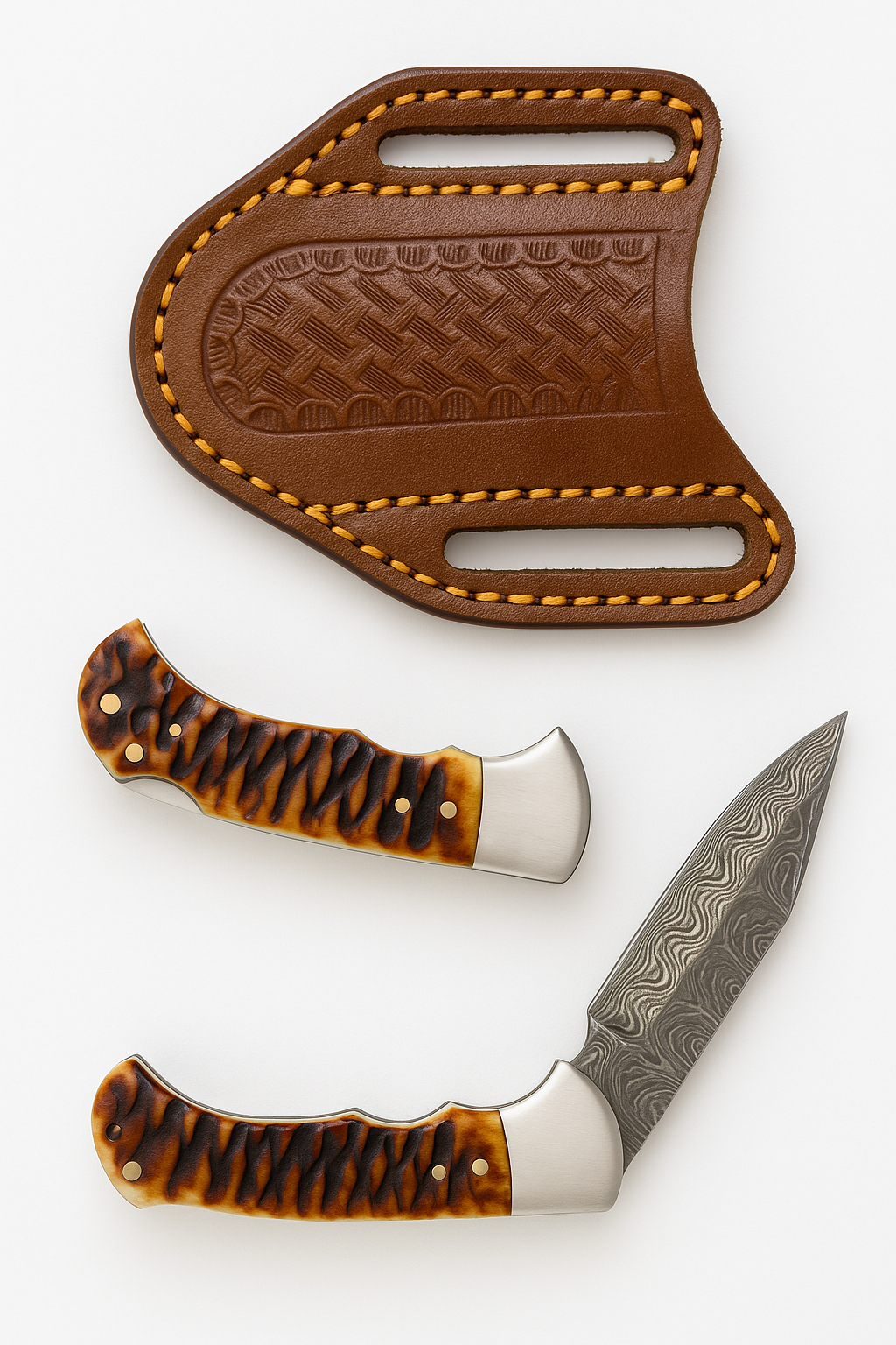 Stag Horn Style Damascus Folding Knife with Leather Sheath - TF-098