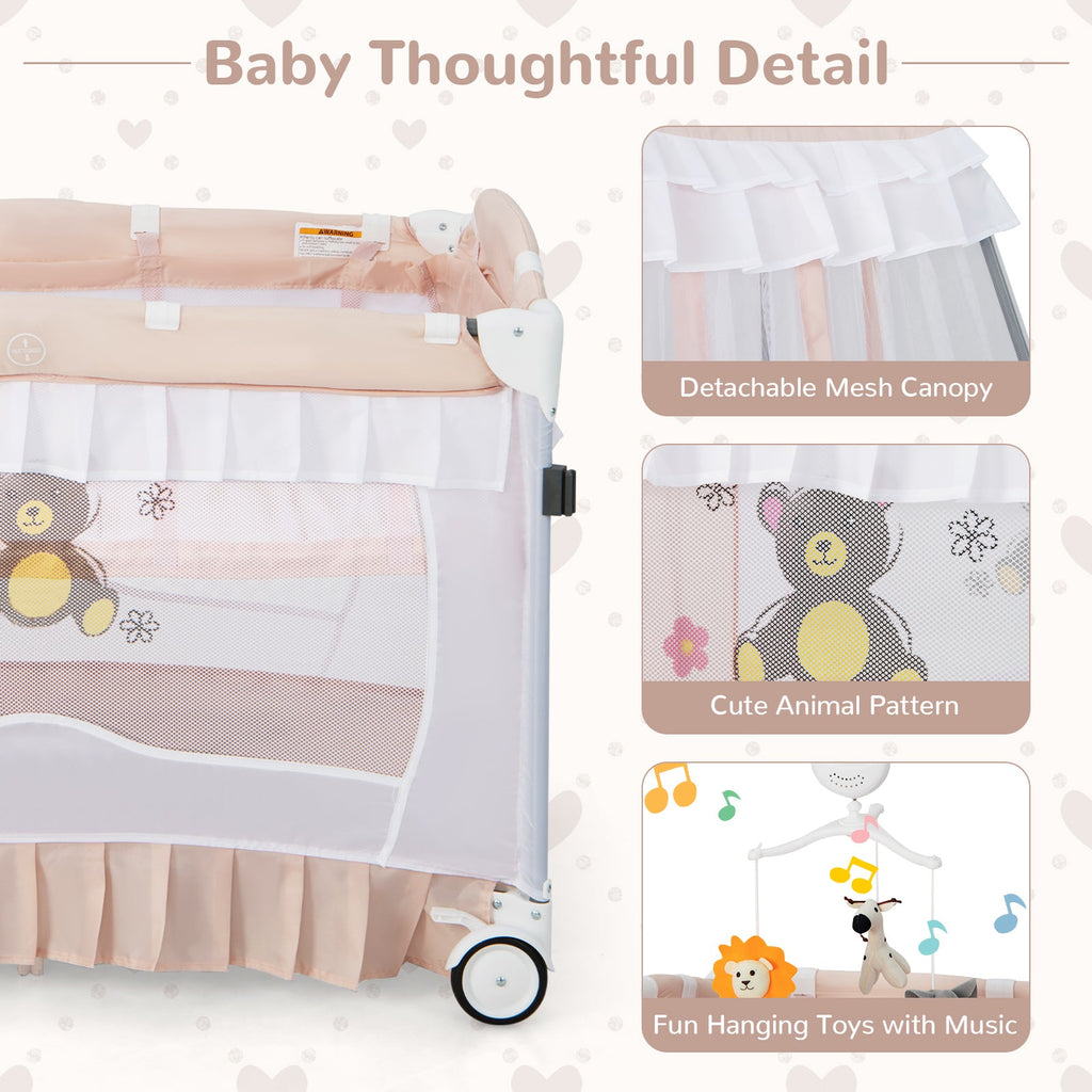 Convertible Bassinet with Removable Changing Table and Detachable Mesh Net-Pink