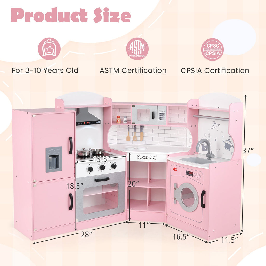 Corner Kids Play Kitchen with Washing Machine and Ice Maker Gift for Boys Girls-Pink