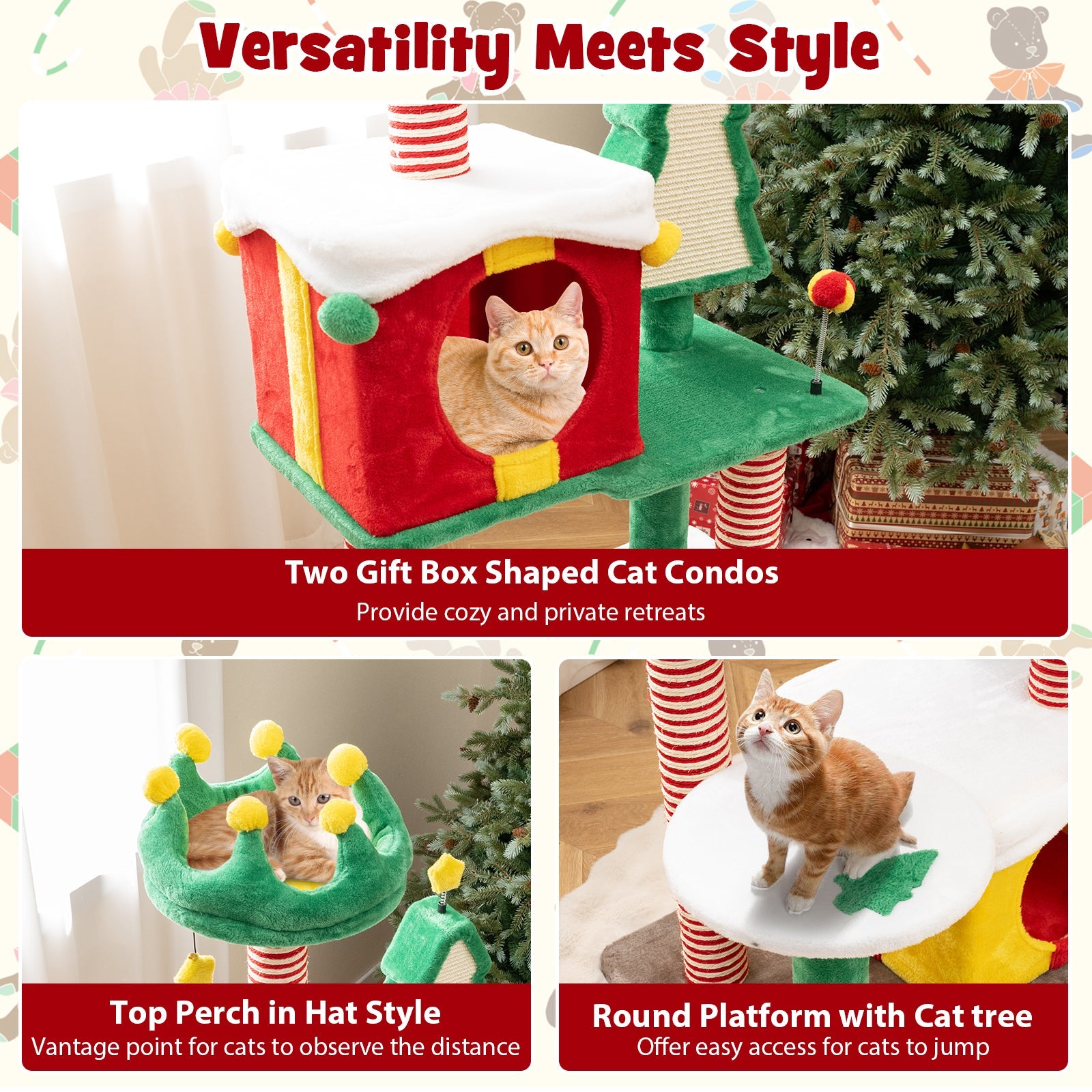 Cute Christmas Cat Tree Cat Tower for Indoor Cats with Scratching Posts and Carpet-Multicolor