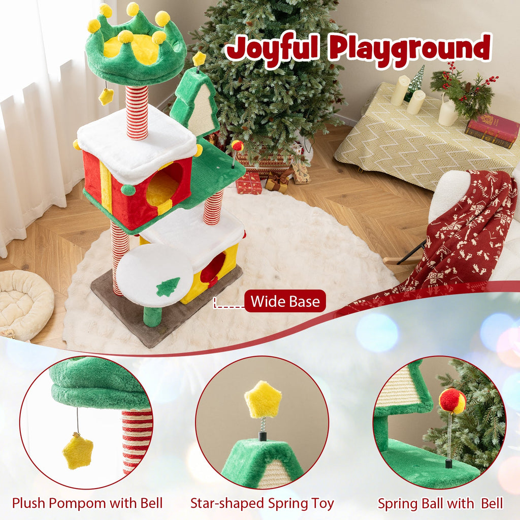 Cute Christmas Cat Tree Cat Tower for Indoor Cats with Scratching Posts and Carpet-Multicolor