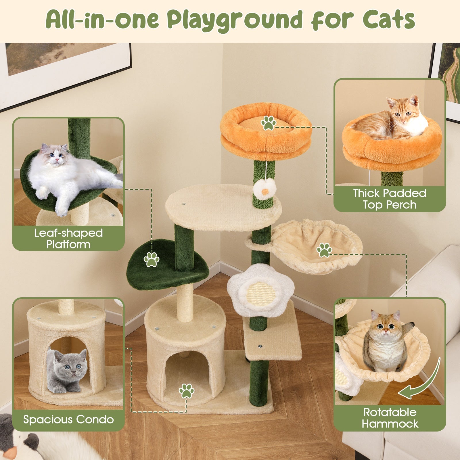 Cute Flower Cat Tree Modern Kitty Tower with Plush Top Perch-Multicolor