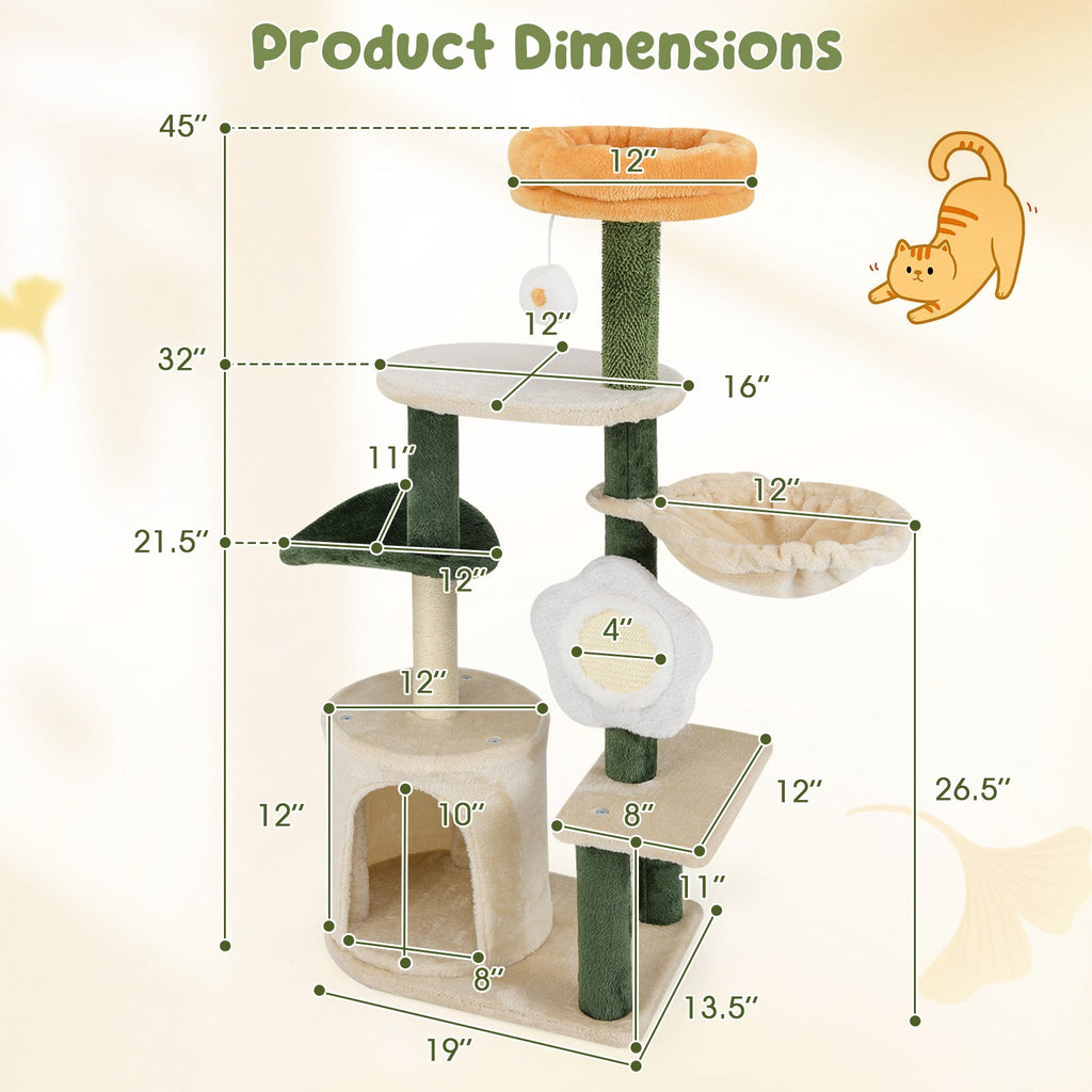 Cute Flower Cat Tree Modern Kitty Tower with Plush Top Perch-Multicolor