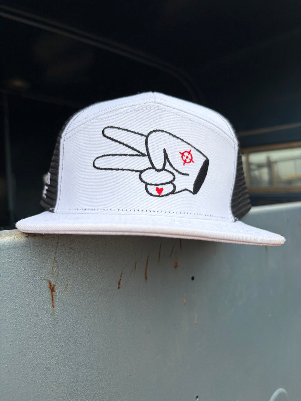 PL Series 7 Panel Mesh Snapback- WHITE/BLACK- BLACK LOGO w/ BOLD style