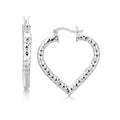 Sterling Silver Rhodium Plated Heart Style Hoop Diamond Cut Earrings