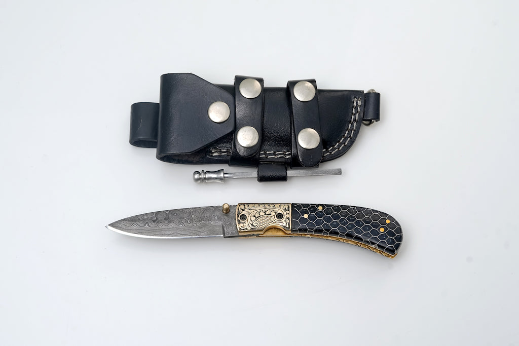 Hand-Engraved Damascus Folding Knife with Honeycomb Handle - TF-094